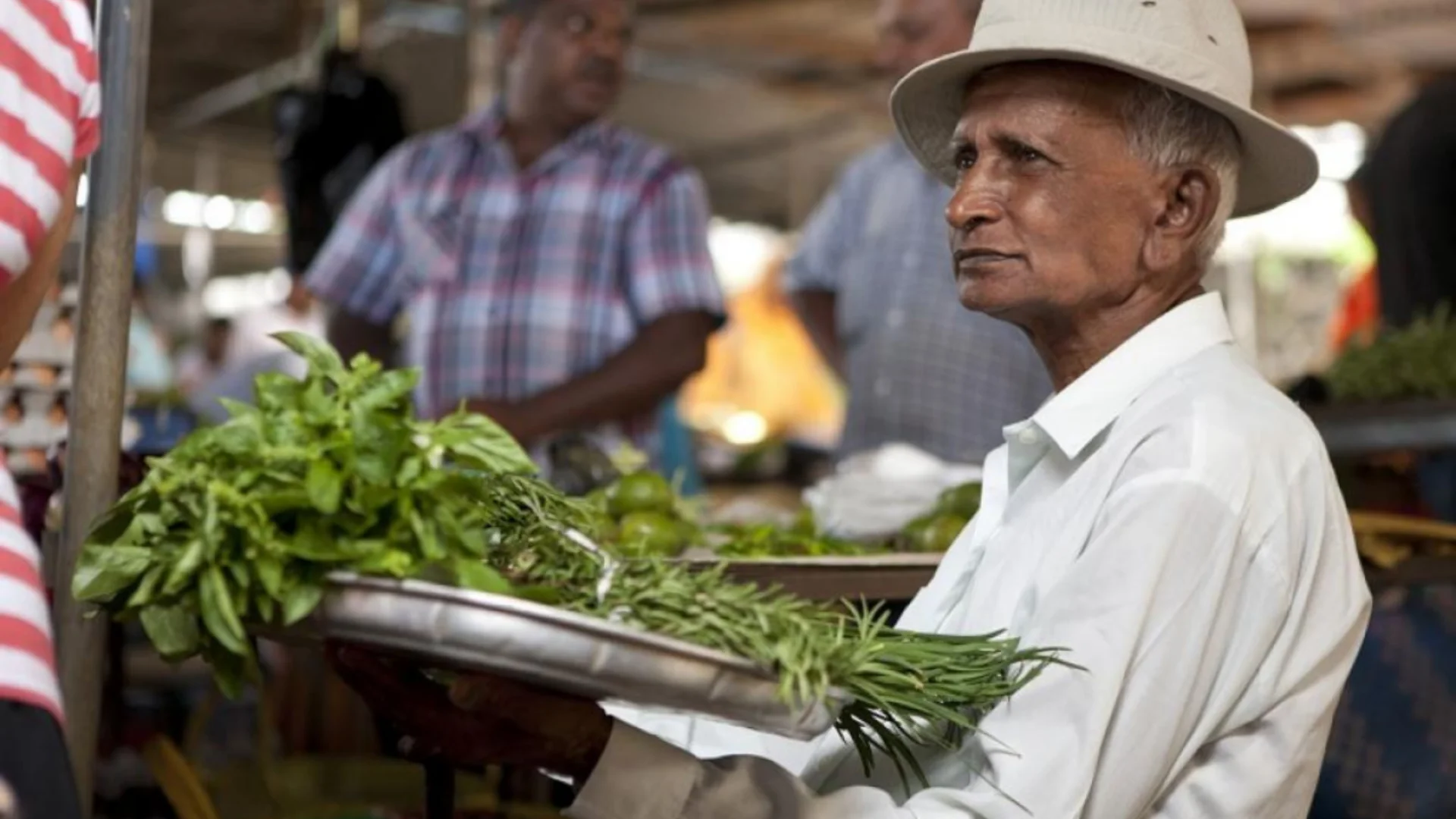 A farmer selling vegetables in the central market at Port Louis