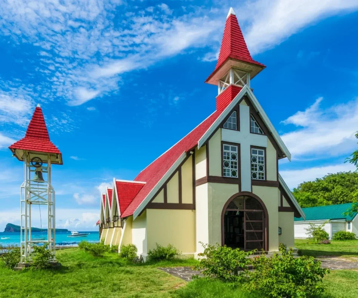 Notre Dame Auxiliatrice chapel photographed from the shore at Cap Malheureux
