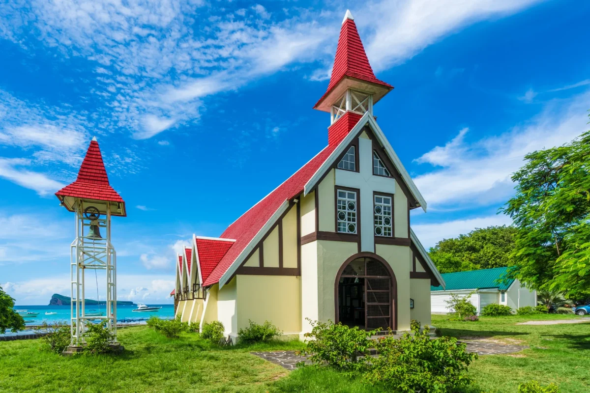 The red-roofed church of Notre Dame Auxiliatrice at Cap Malheureux