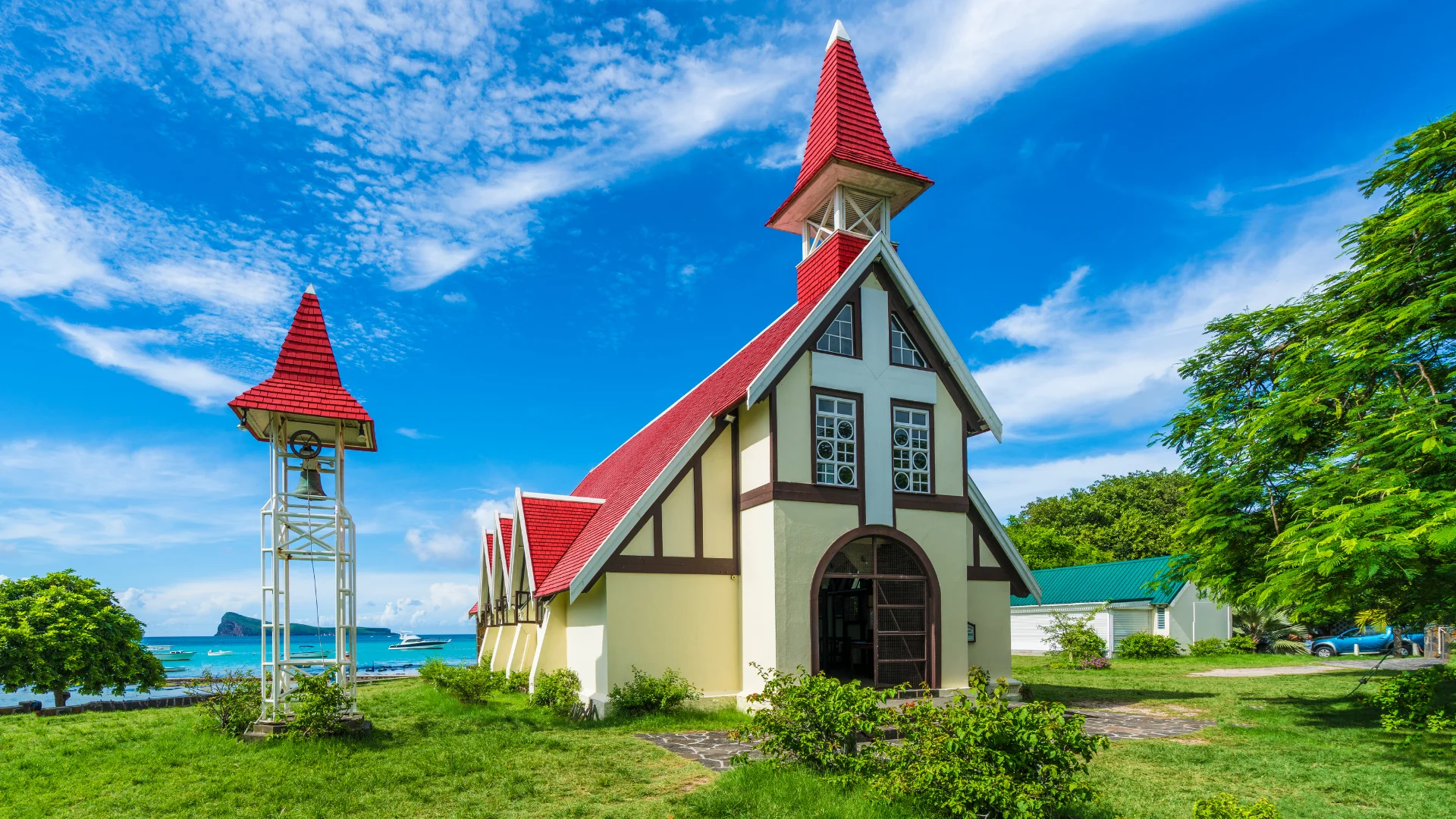 The red-roofed church of Notre Dame Auxiliatrice at Cap Malheureux