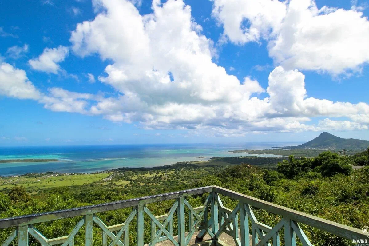 Panoramic view from Chamarel Viewpoint over the south-west coast of Mauritius towards Le Morne Brabant