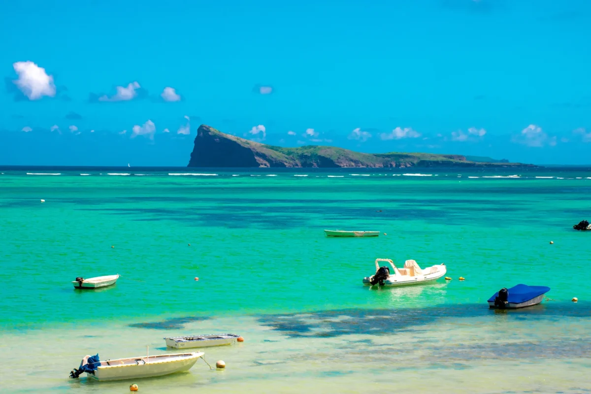 Coin de Mire, Gunner's Quoin, rising from the sea off the north coast of Mauritius