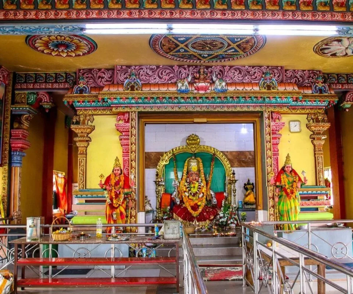 The inner courtyard and shrines of Amma Tookay Tamil temple near Camp Diable