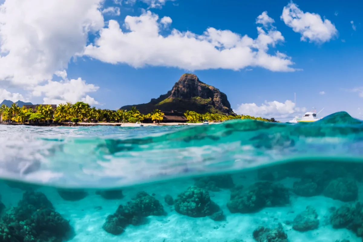 Le Morne Brabant rising above the lagoon on the south-west coast of Mauritius