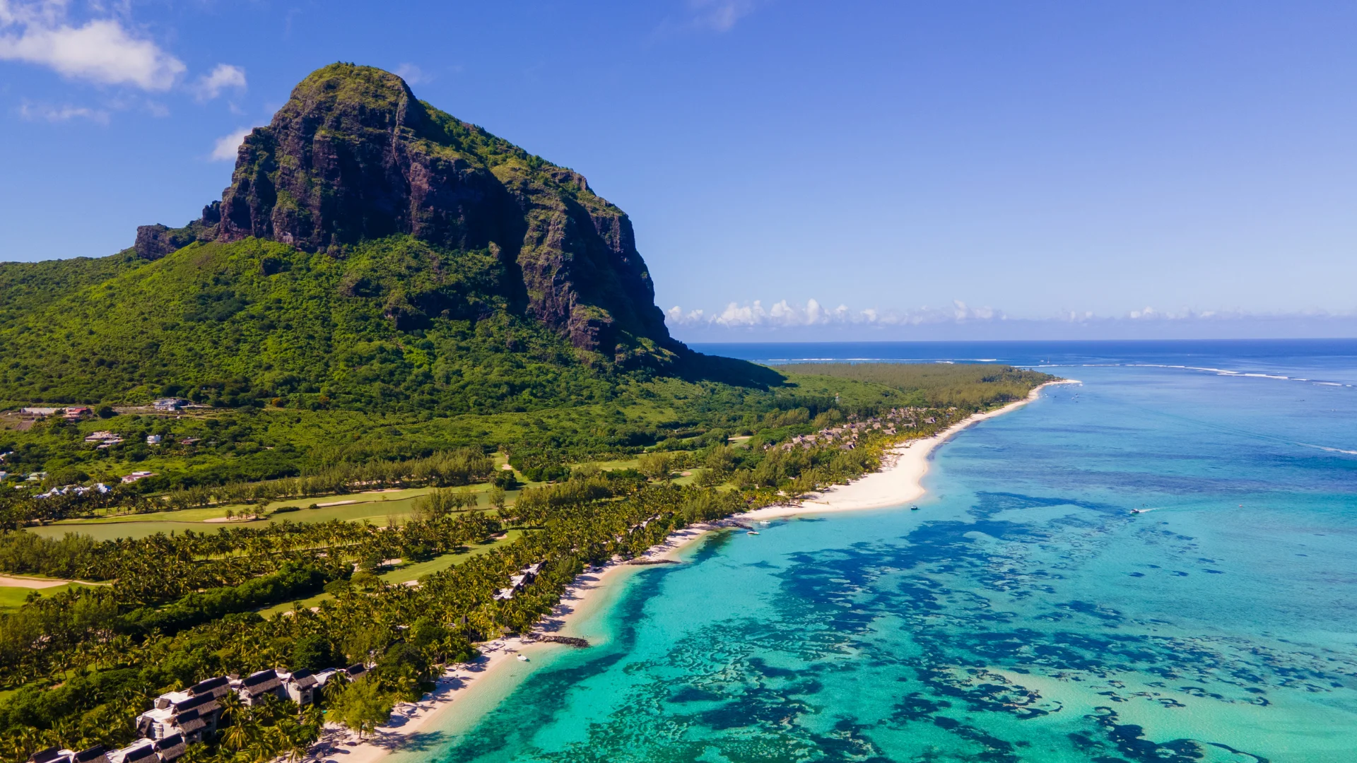 Le Morne Brabant seen from the heights above Chamarel, with the lagoon and reef beyond
