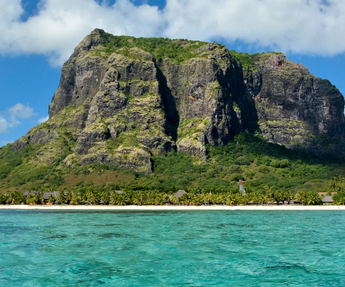 The sheer basalt cliffs of Le Morne Brabant above the lagoon