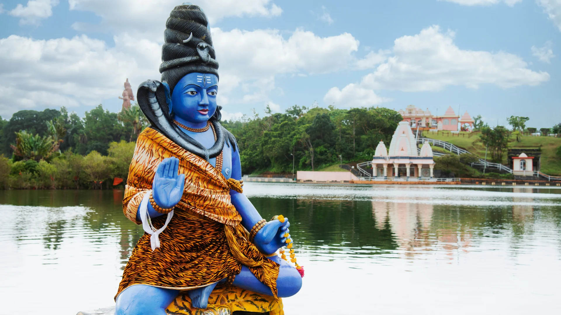 Temples and shrines lining the shore of Grand Bassin sacred lake, Mauritius