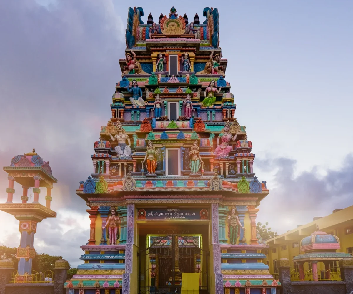 Brightly painted sculptures on a Tamil temple in Mauritius