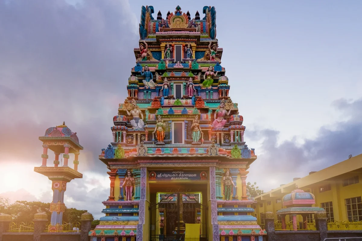 Brightly painted sculptures on a Tamil temple in Mauritius