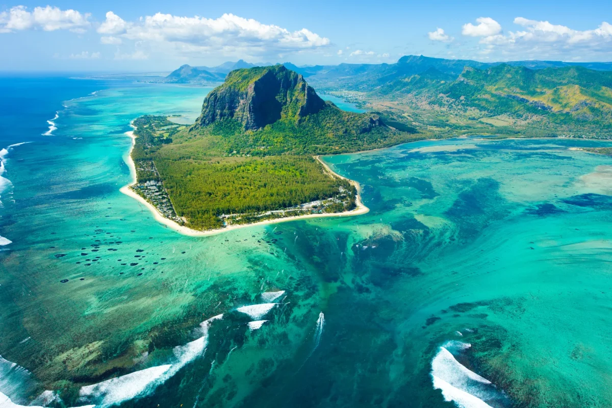 Aerial view of the underwater waterfall illusion off Le Morne Brabant, Mauritius