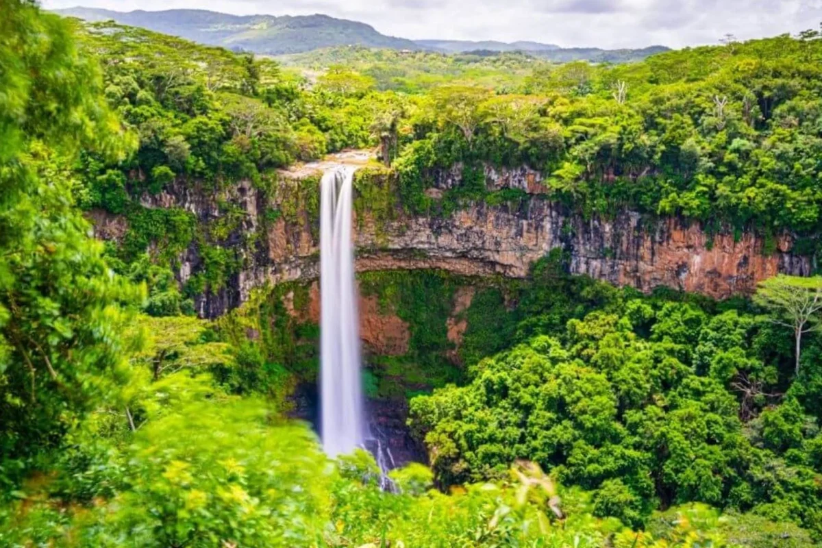 Chamarel Waterfall falling nearly 100 metres into a forested gorge in south-west Mauritius