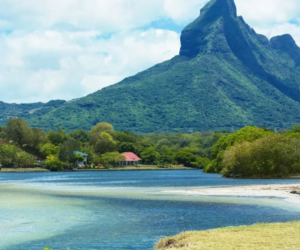 The wide sandy bay at Tamarin beach on the west coast of Mauritius