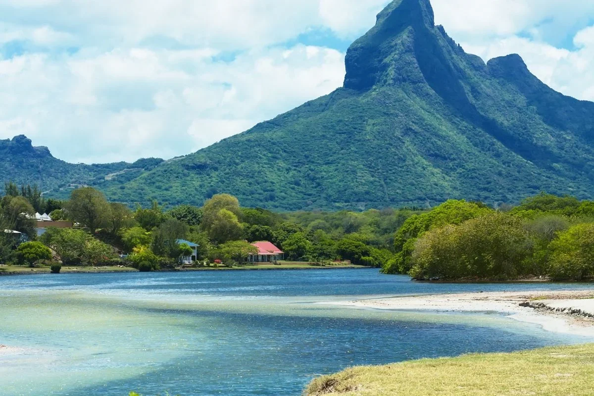 The wide sandy bay at Tamarin beach on the west coast of Mauritius