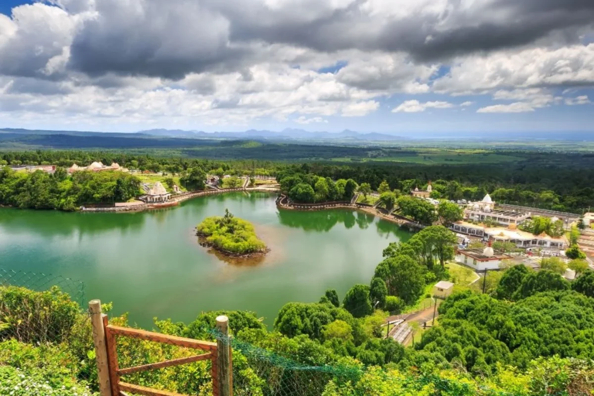 The sacred crater lake of Grand Bassin (Ganga Talao) ringed by temples in the highlands of Mauritius