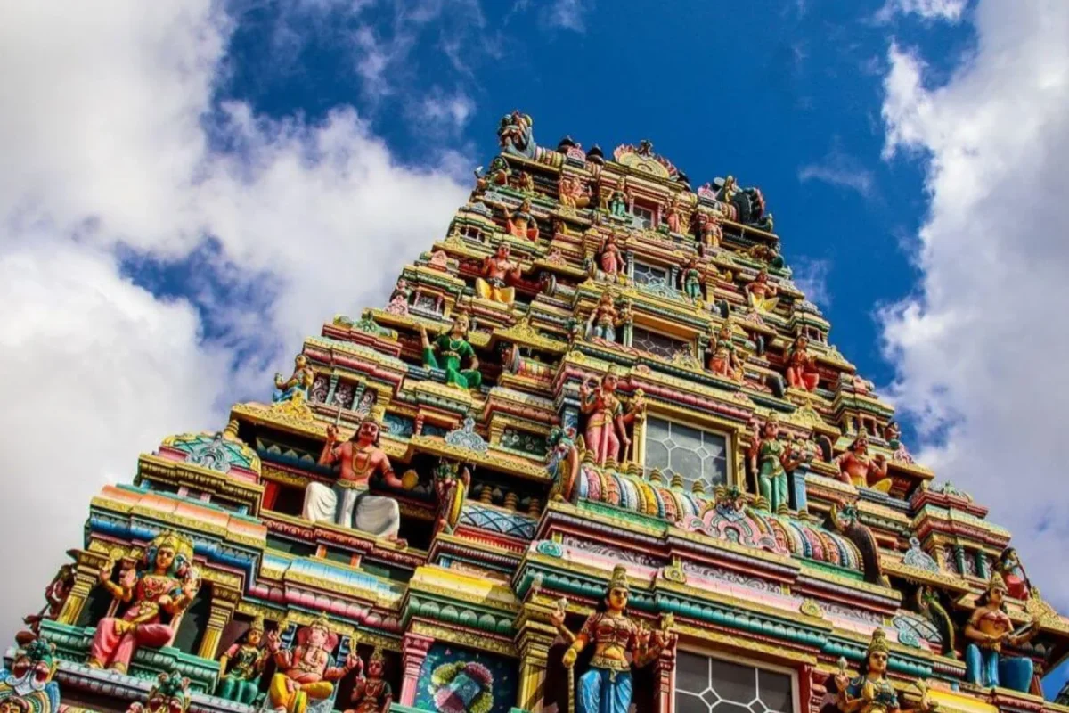 The carved gopuram of Amma Tookay Tamil temple in southern Mauritius