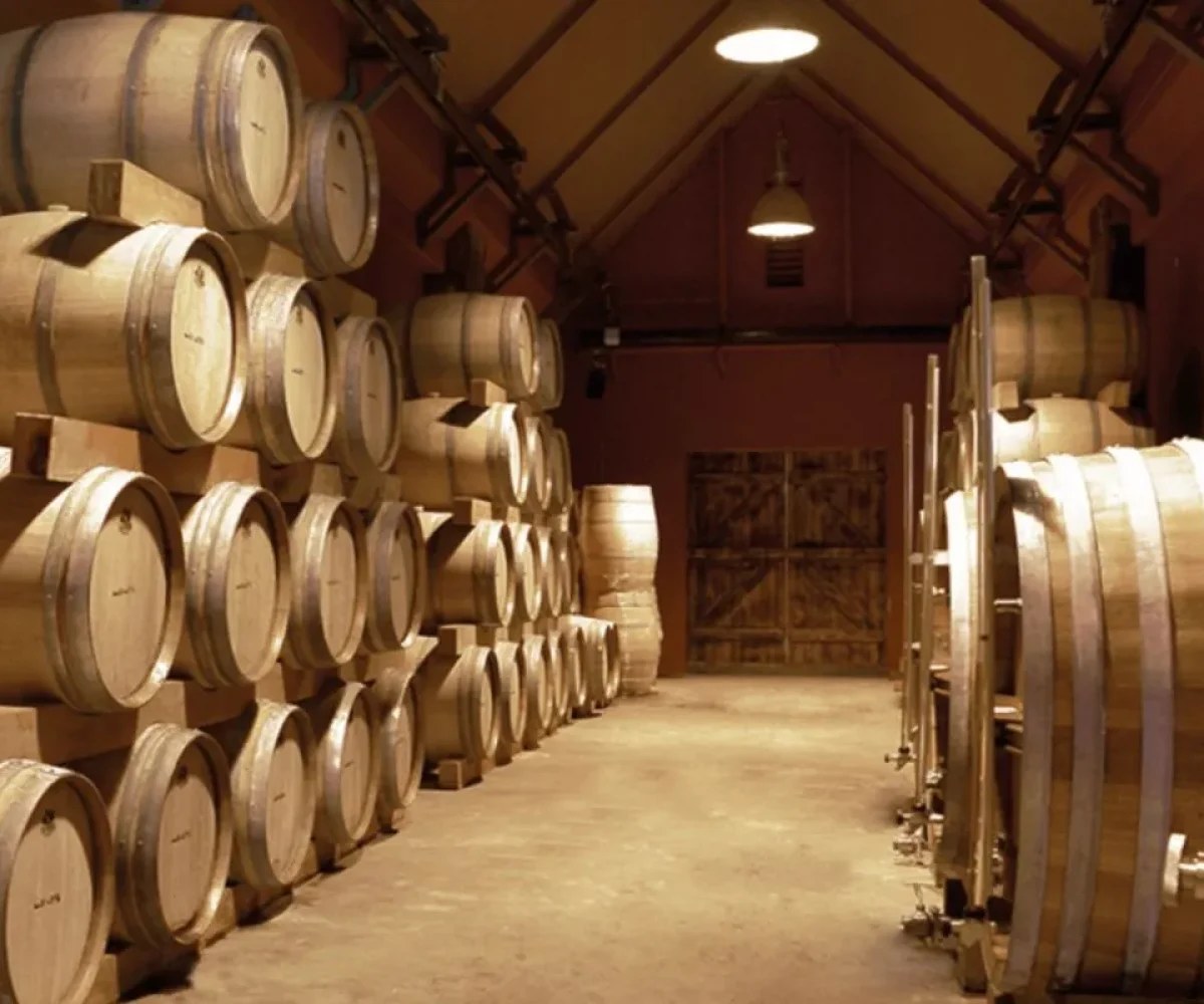 Oak casks ageing rum in the cellar at Rhumerie de Chamarel