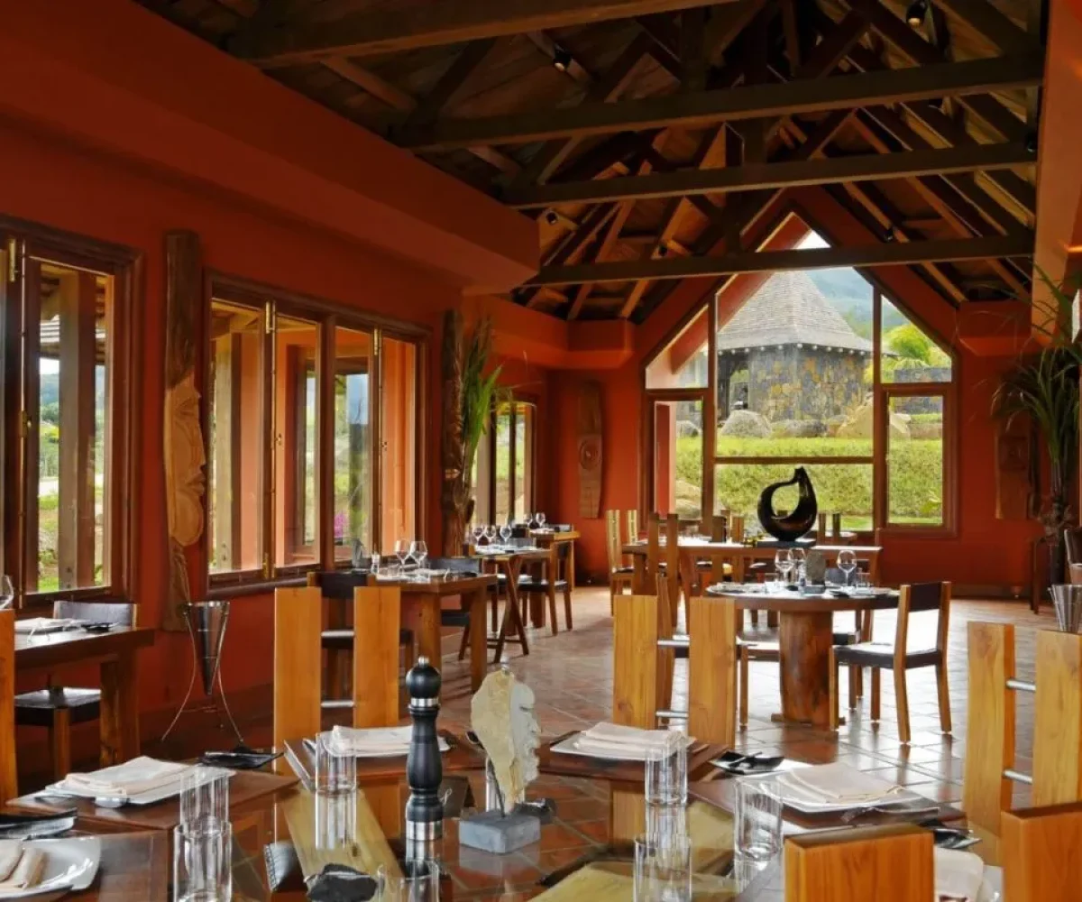 L'Alchimiste restaurant terrace at Rhumerie de Chamarel, overlooking the cane plantations