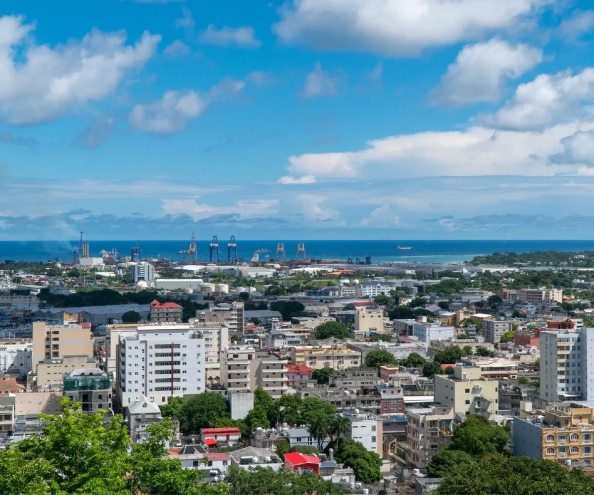 The harbour and city skyline of Port Louis, capital of Mauritius