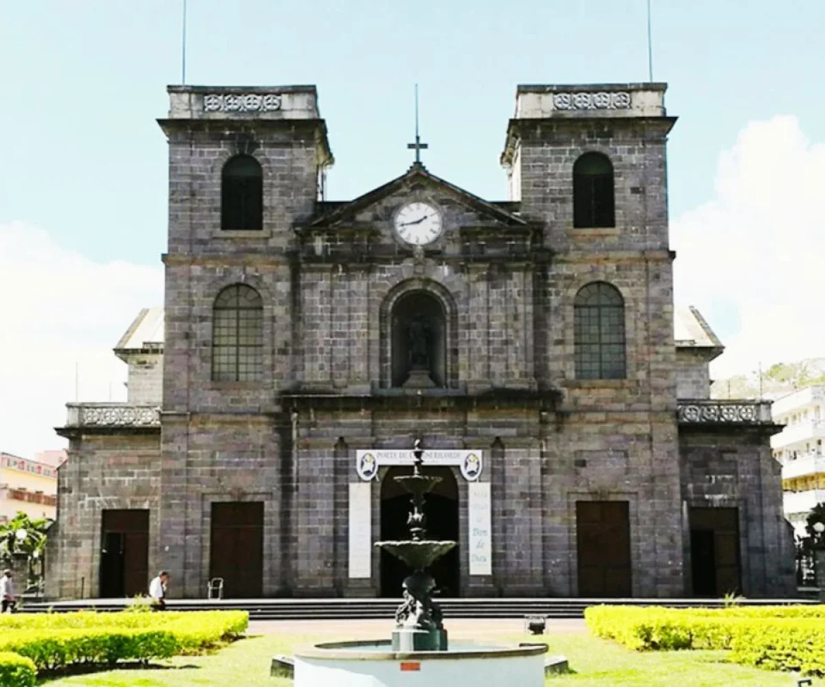 The spires of St Louis Cathedral in central Port Louis