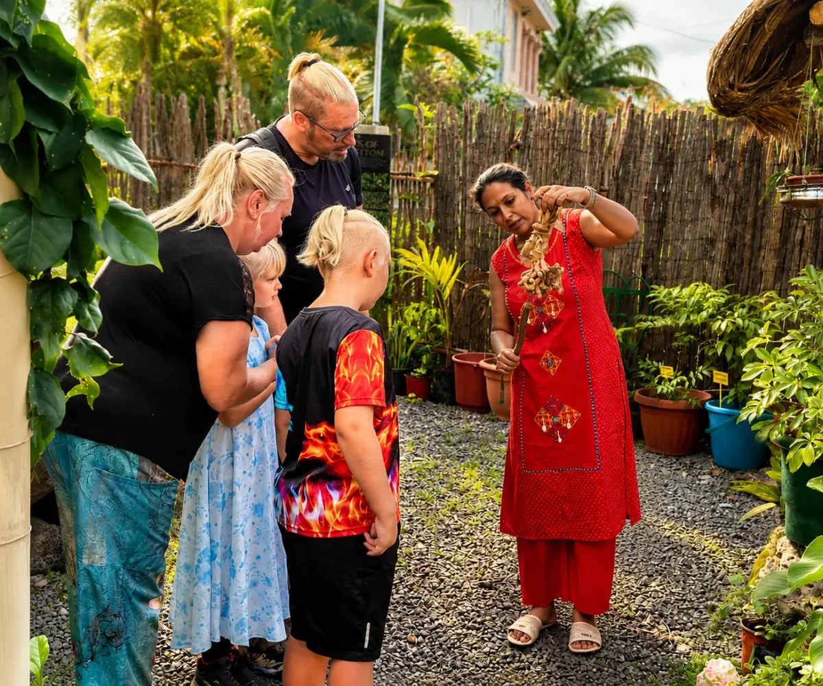 Guests on a guided cultural visit at Heritage Spice House in Riambel, south Mauritius